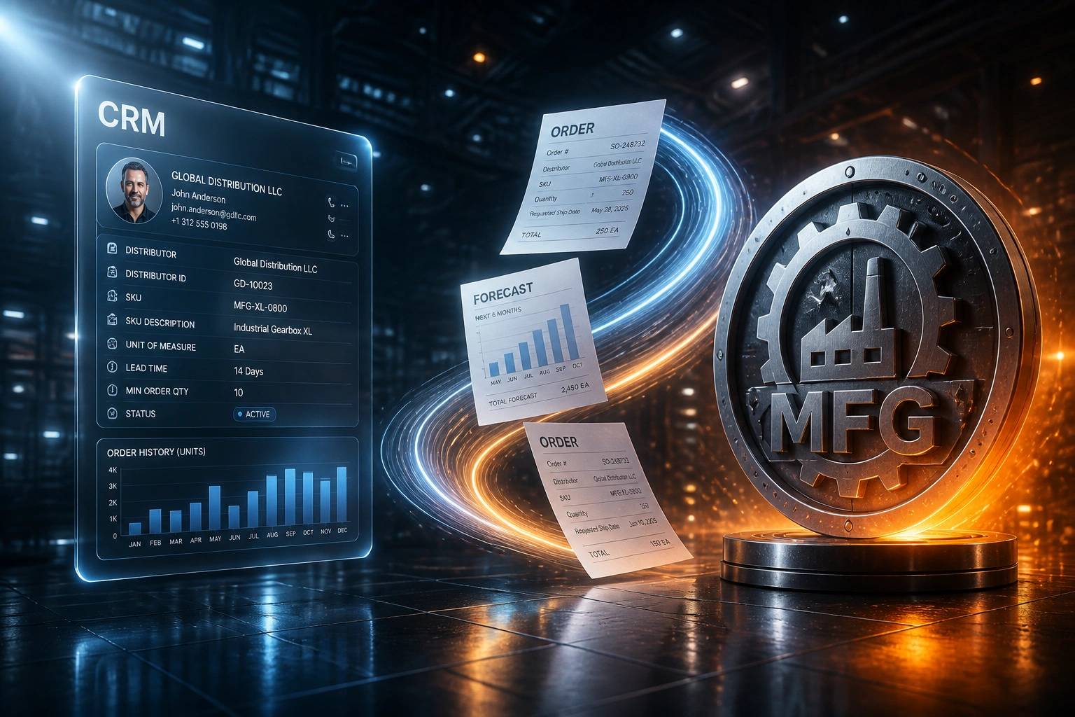 Illustration of a glass CRM panel connected by a steel-blue ribbon of order and forecast documents to an orange-lit MFG manufacturing badge