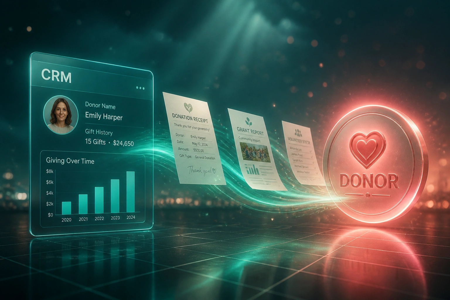 Illustration of a glass CRM panel connected by a teal ribbon of donation receipts, grant reports, and volunteer rosters to a coral DONOR heart badge, representing nonprofit donor management