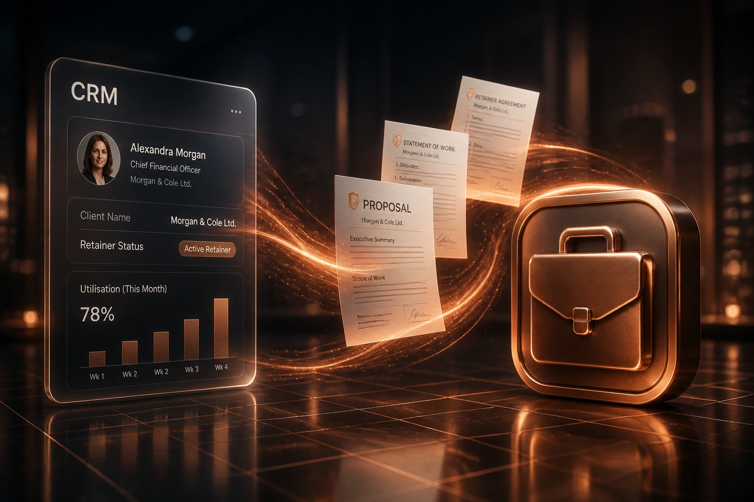 Illustration of a glass CRM panel connected by a copper ribbon of proposal, SOW, and retainer documents to a bronze briefcase badge, representing a professional services CRM