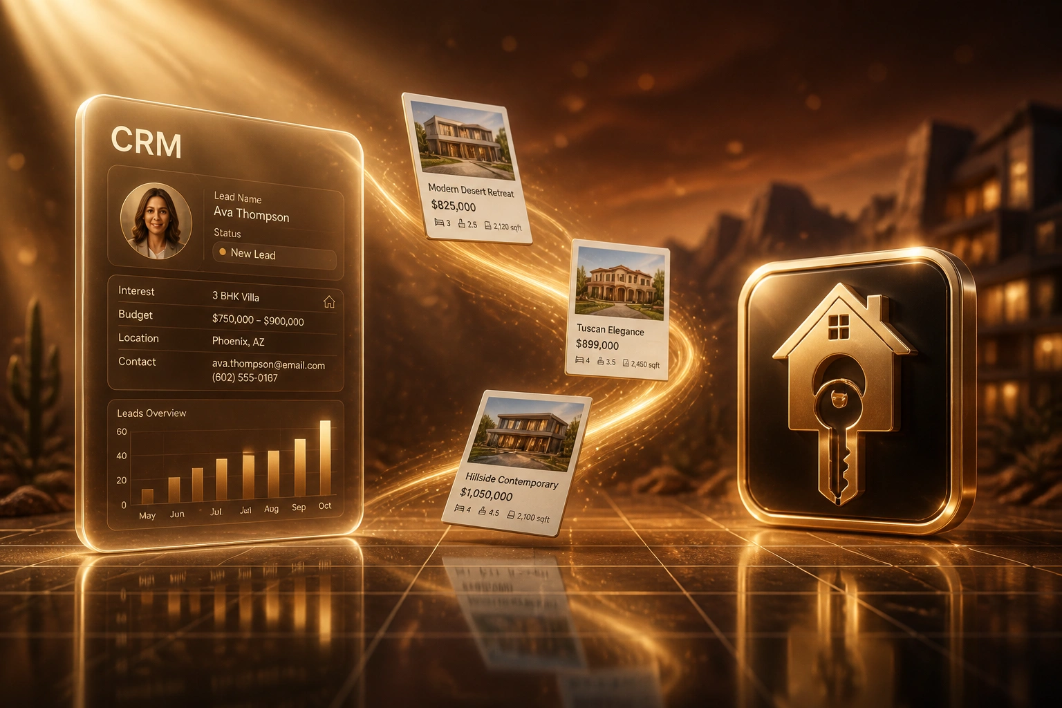 A glass CRM panel and a house-key badge linked by listing documents on a gold light ribbon, illustrating a real estate CRM for listings, leads and deals