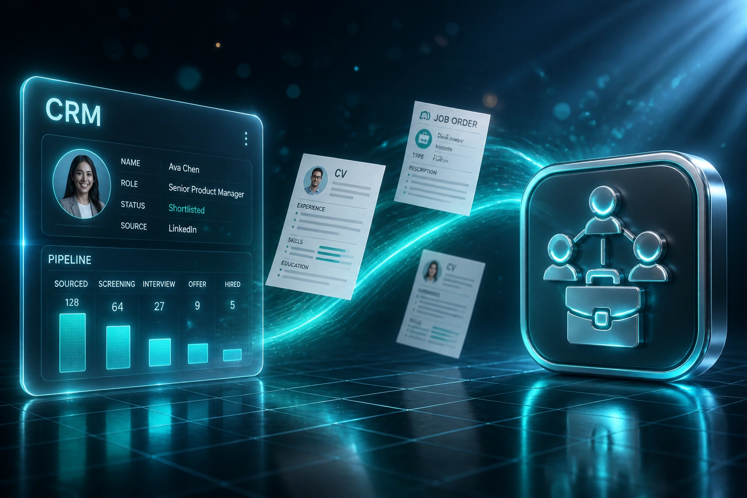 A glass CRM panel and a staffing people-network badge connected by CV and job-order documents on a teal ribbon of light