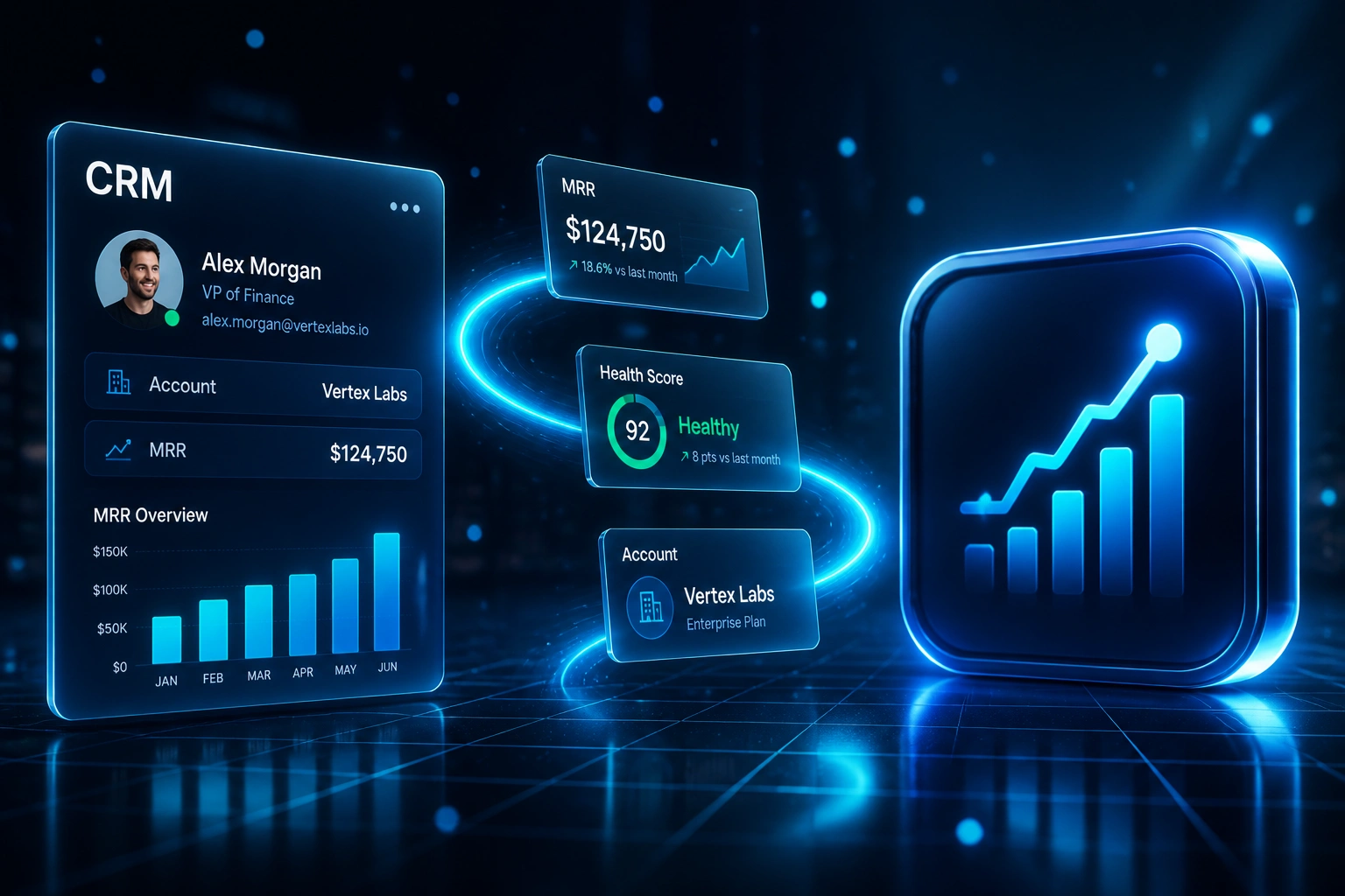 Illustration of a glass CRM panel connected by a cyan ribbon of MRR and health-score cards to a glossy growth-chart badge, representing a SaaS CRM