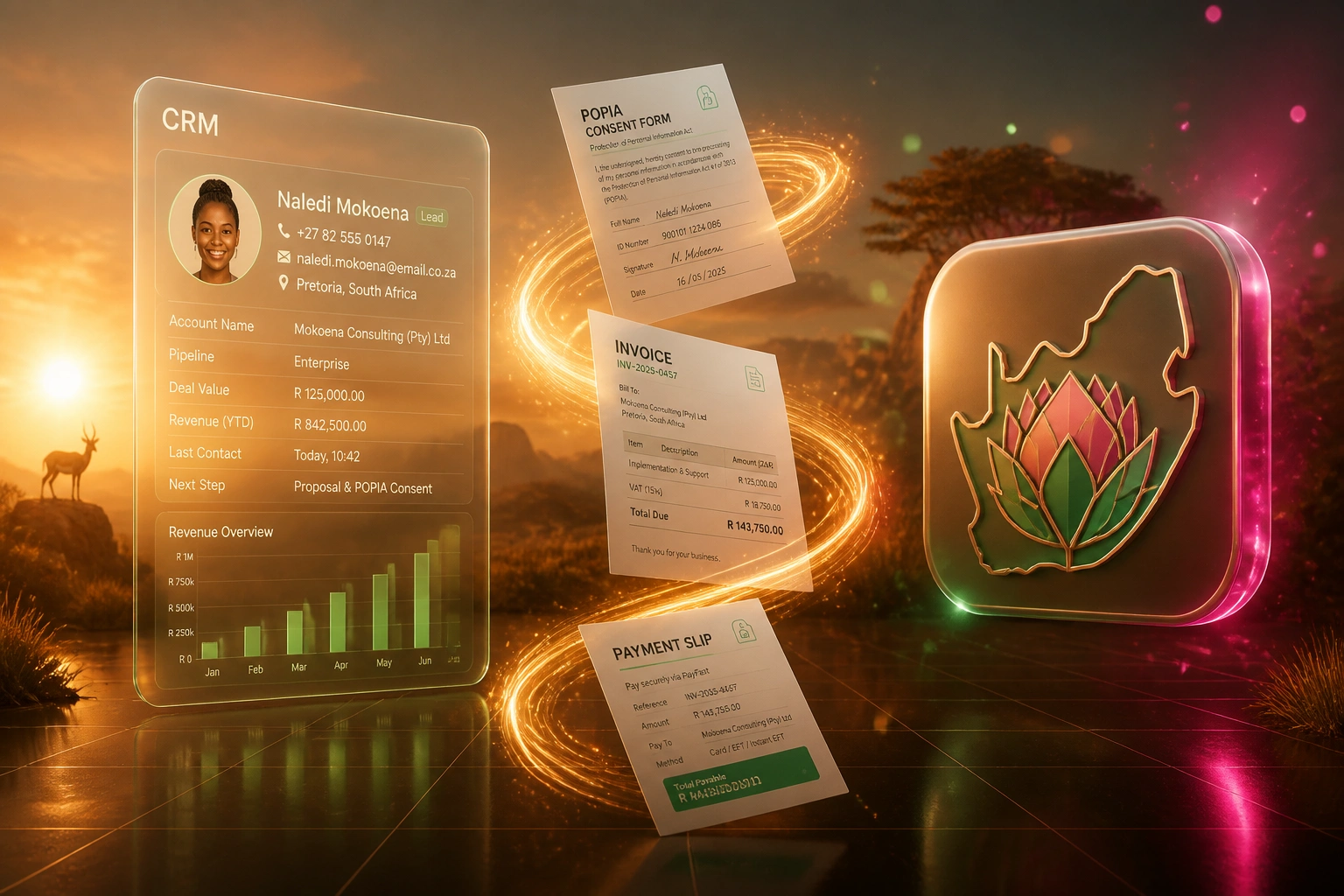 A glass CRM panel with Rand amounts and +27 phone numbers connected by a ribbon of POPIA, invoice, and PayFast documents to a South Africa localisation badge