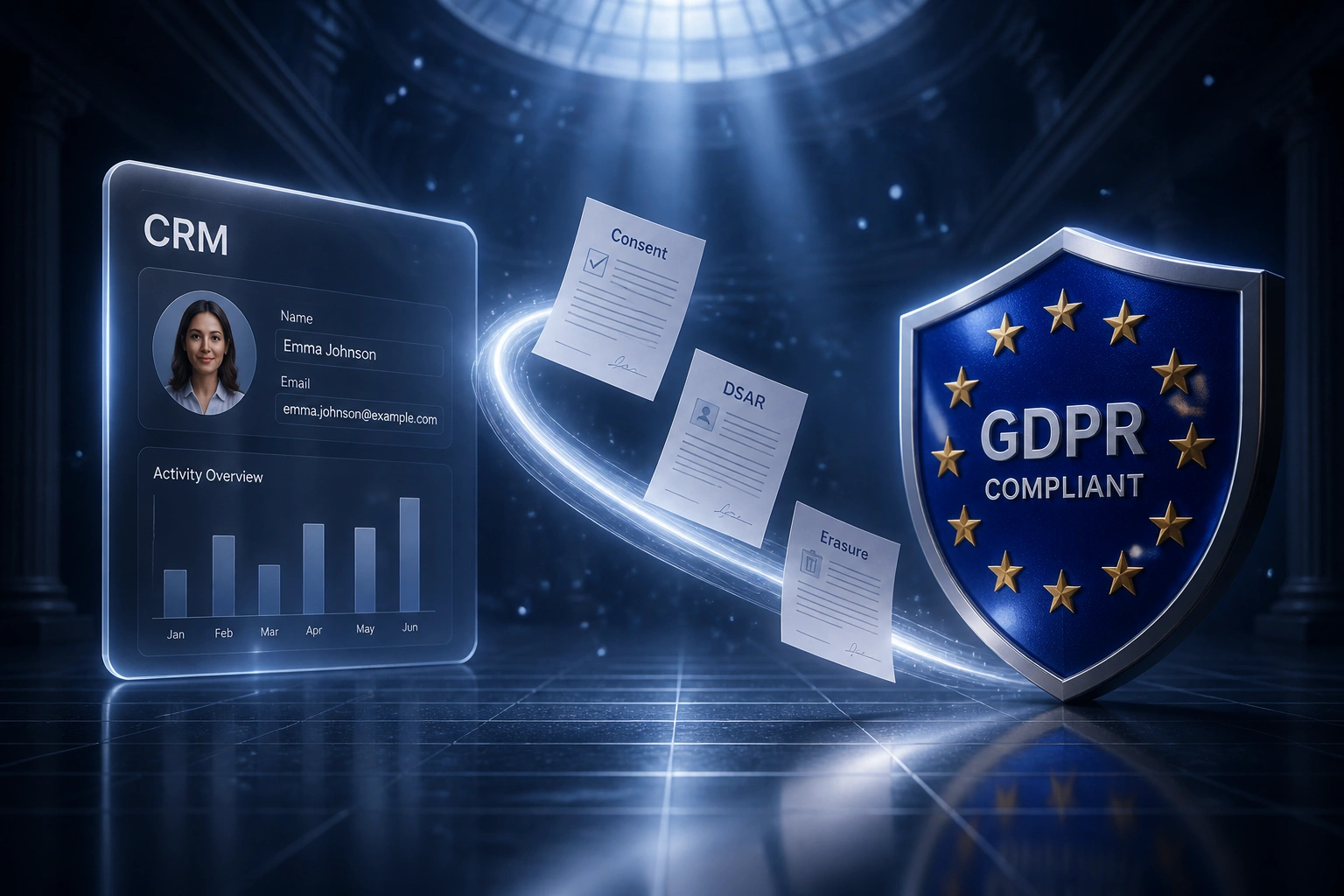 A glass CRM panel and a deep-blue GDPR compliance shield with EU gold stars, linked by a silver ribbon of light carrying Consent, DSAR, and Erasure documents