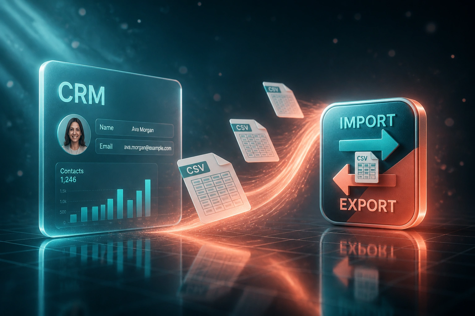 A glass CRM panel and a glossy Import/Export badge linked by a coral ribbon of light carrying CSV spreadsheet documents