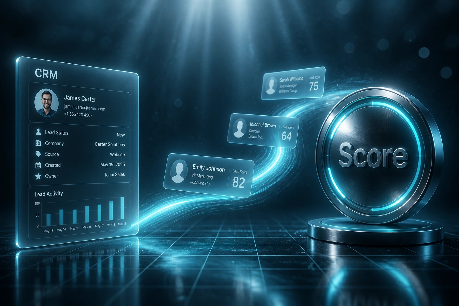A glass CRM panel and a glossy Score badge connected by a teal ribbon of scored lead cards, illustrating CRM lead scoring models sales teams trust