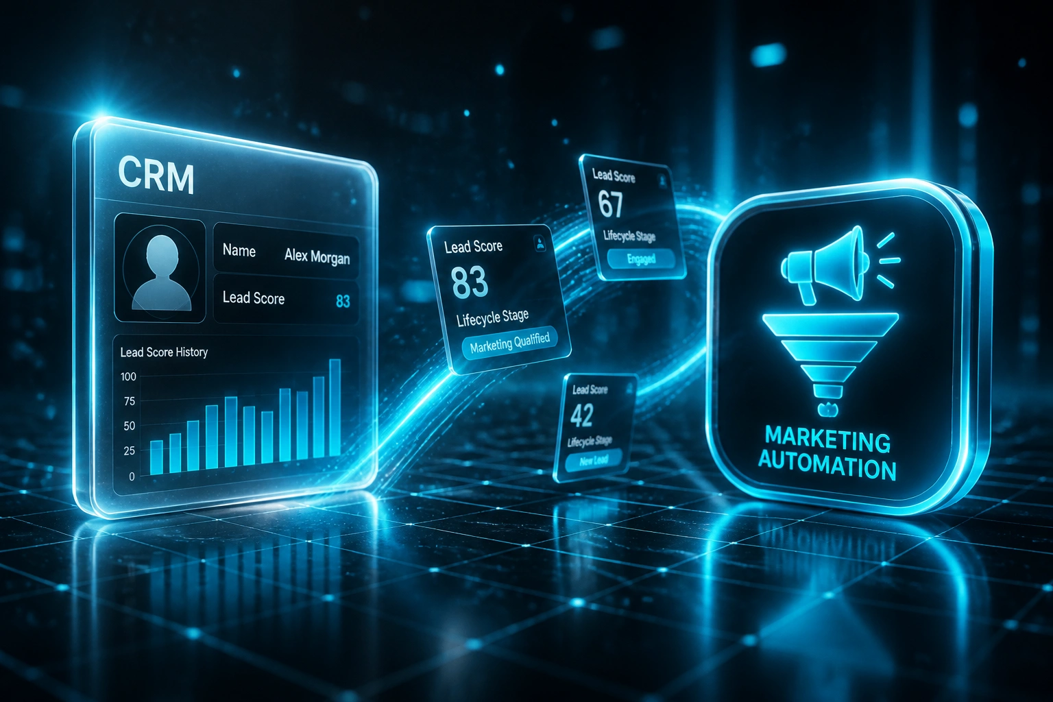 A glass CRM panel and a glossy marketing automation badge connected by a cyan ribbon of lead score cards, illustrating bidirectional CRM-marketing automation sync