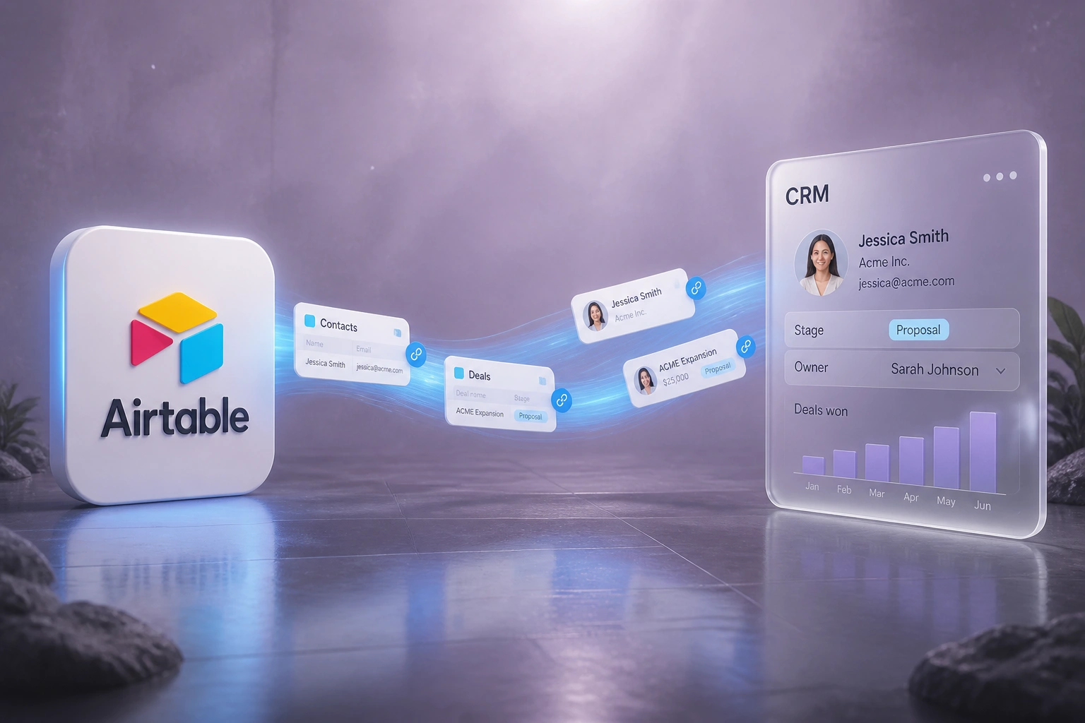 An Airtable logo badge sends linked-record cards along a blue ribbon of light into a glass CRM panel with stages, owners, and deal reporting in a soft lavender-grey studio