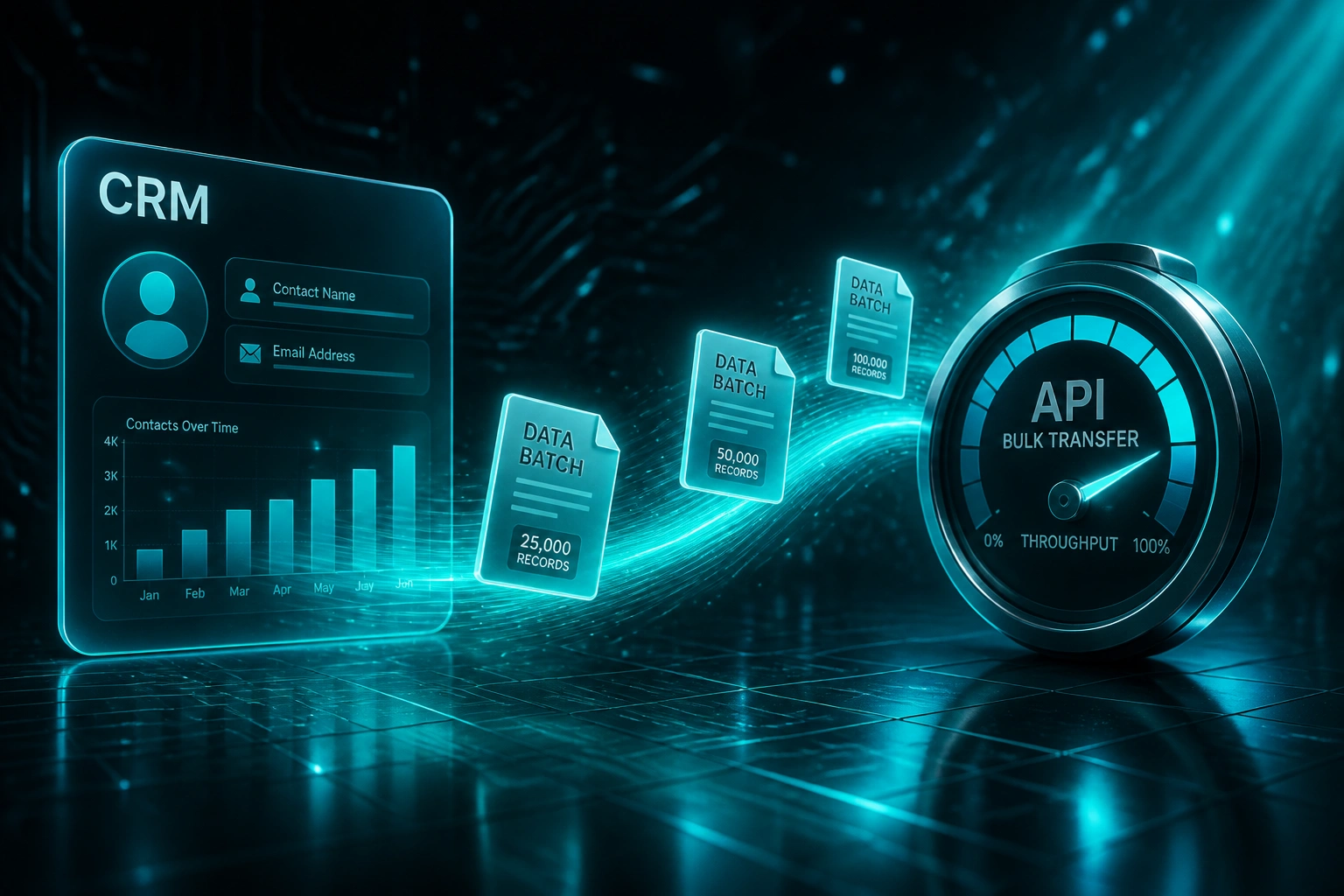 A glass CRM panel and an API bulk-transfer gauge linked by a cyan ribbon of data-batch documents across a teal circuit night floor