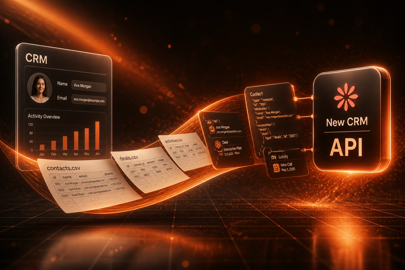 A glass CRM panel and a New CRM API badge linked by a coral ribbon showing CSV sheets transforming into structured API record cards across a dark bronze floor