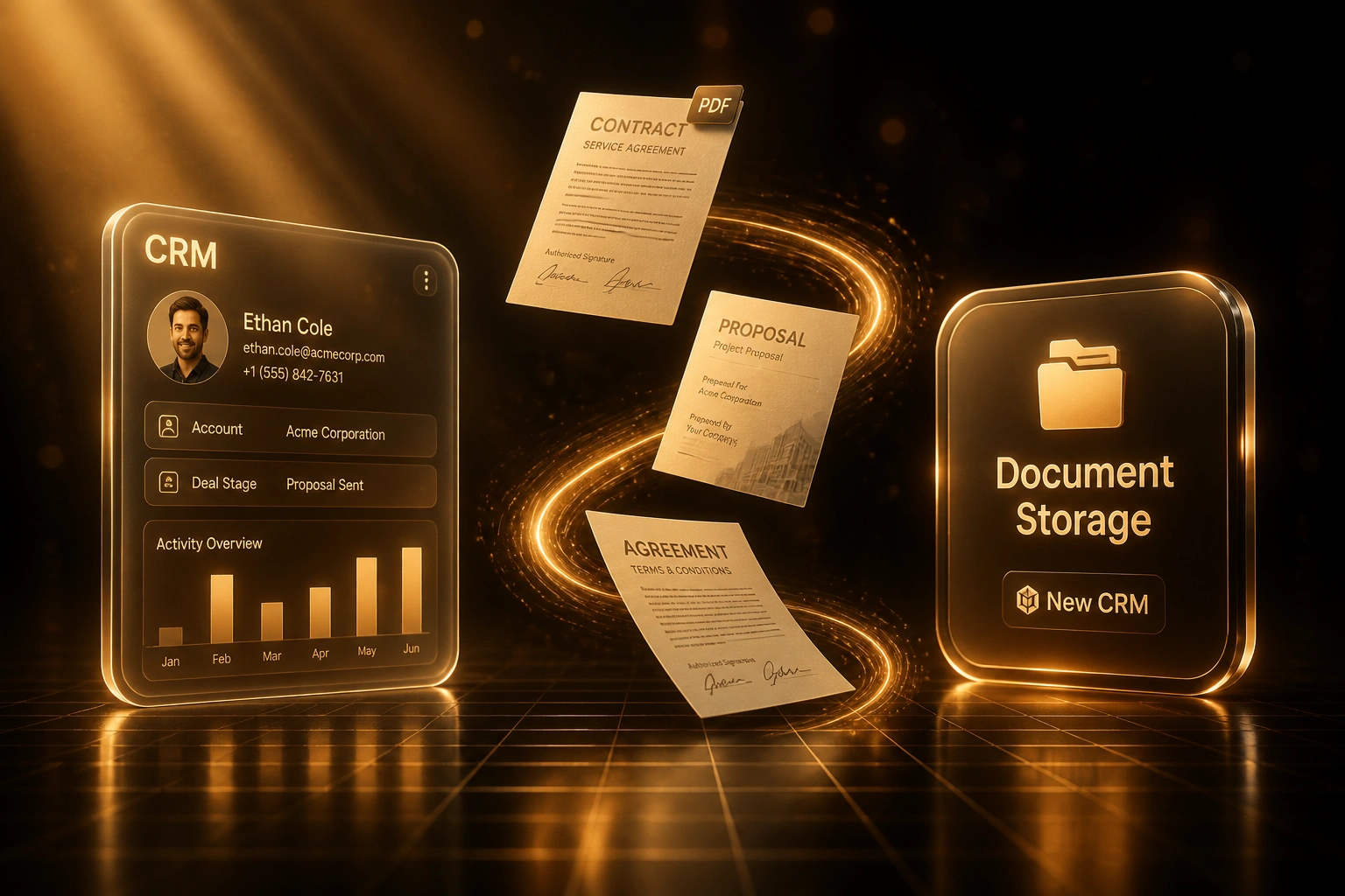 Glass CRM panel connected by an amber ribbon of PDF contracts and proposals to a Document Storage badge in a deep charcoal scene