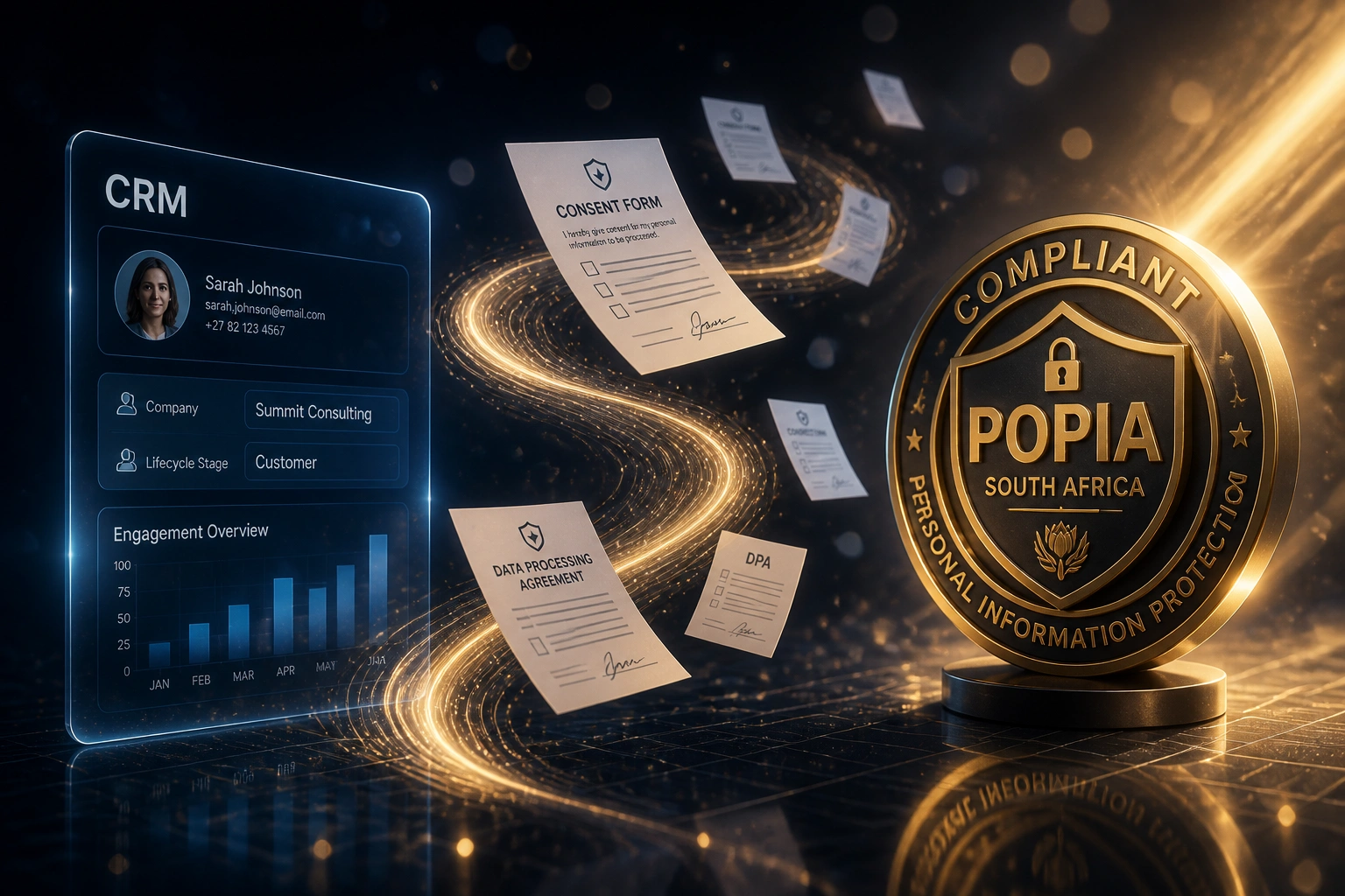 A glass CRM panel and a gold POPIA compliance seal linked by an S-curved ribbon of consent forms and DPA documents in a midnight navy scene