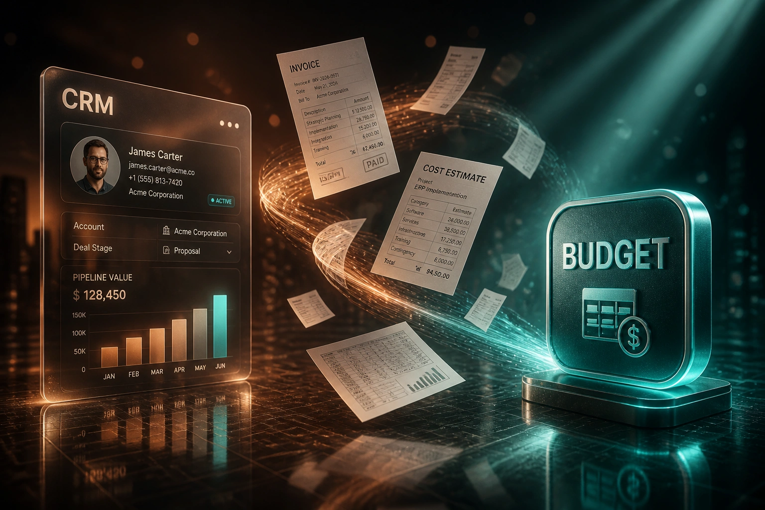 A glass CRM panel and a teal BUDGET badge connected by invoice and cost-estimate sheets on a copper-to-teal ribbon of light