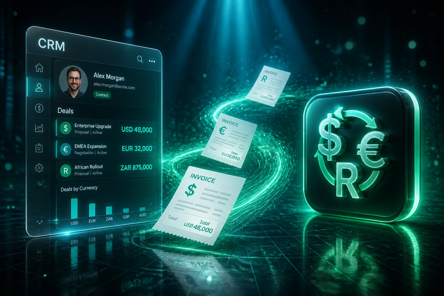 Glass CRM panel showing USD, EUR and ZAR deal amounts connected by an emerald ribbon of invoices to a glossy multi-currency FX badge