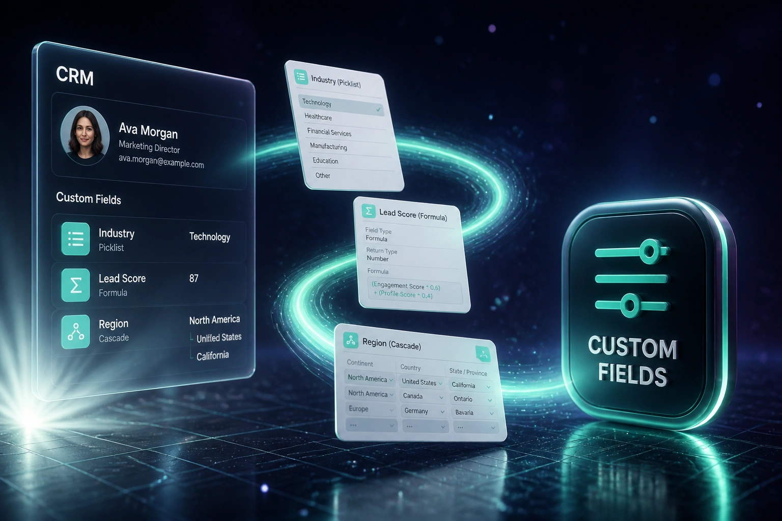 Glass CRM panel with custom field rows connected by a mint ribbon of picklist and formula cards to a Custom Fields badge in a midnight indigo void