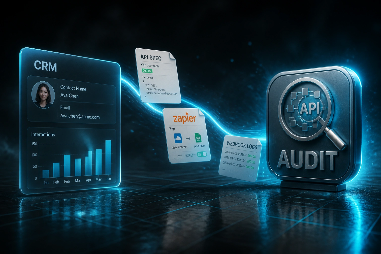 A glass CRM panel and a cyan-glow AUDIT badge linked by an S-curved ribbon of API specs, Zap cards, and webhook logs in a charcoal industrial void
