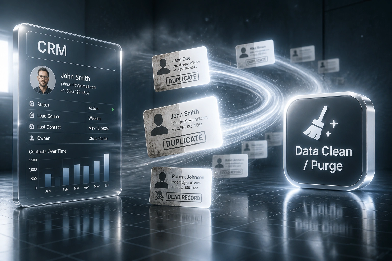 A glass CRM panel and a Data Clean Purge badge linked by an S-curved ribbon of duplicate and dead-record cards being scrubbed in a cool slate laboratory