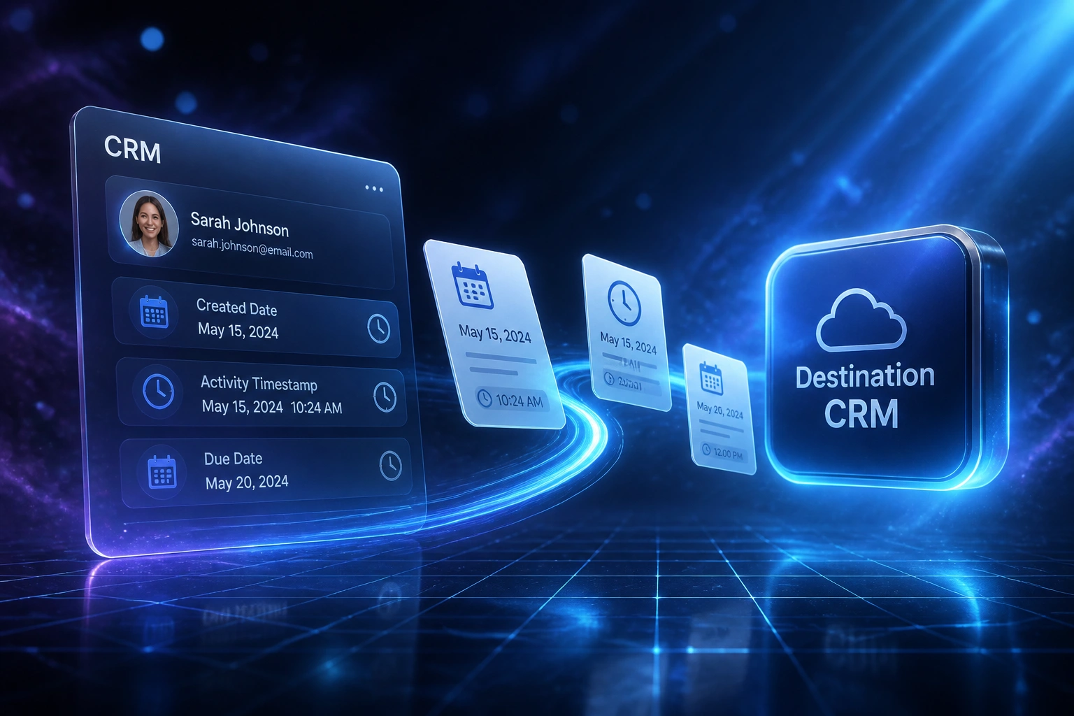 Glass CRM panel with date and timestamp fields linked by a cyan ribbon of calendar documents to a Destination CRM badge in midnight indigo haze