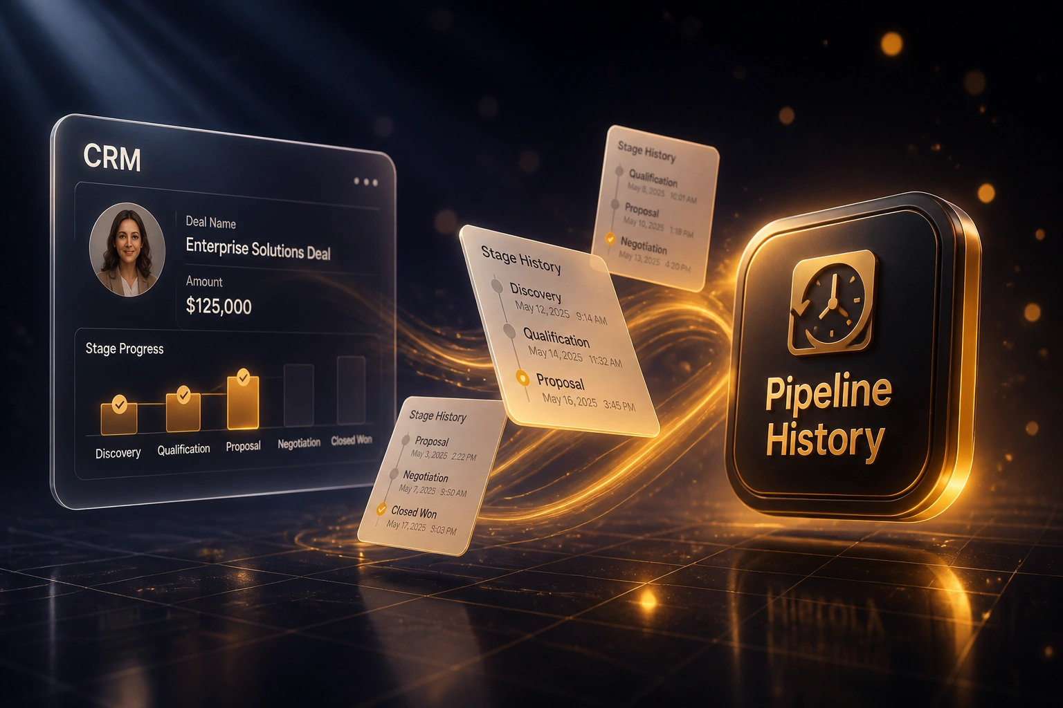 Glass CRM panel connected by an amber ribbon of stage-history documents to a Pipeline History badge in a deep indigo night scene