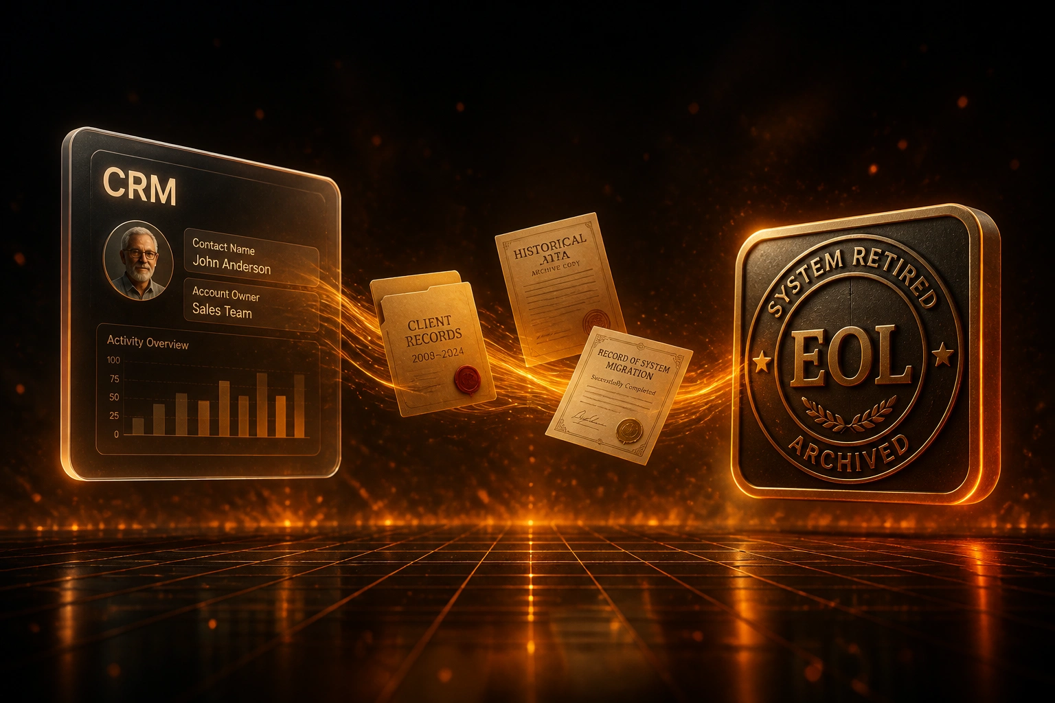 Glass CRM panel and amber EOL archive badge linked by archival documents on a ribbon of light over a charcoal floor with ember glow from below