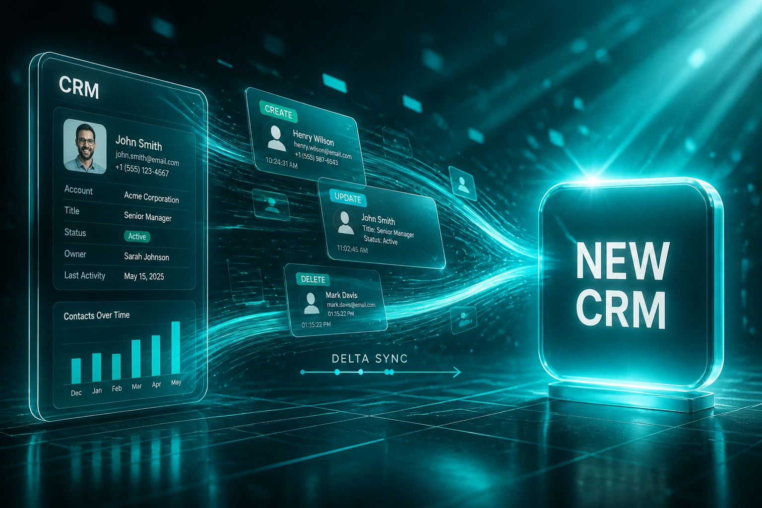 Glass CRM panel and a NEW CRM badge linked by an S-curved cyan ribbon carrying create, update, and delete delta packets during migration sync