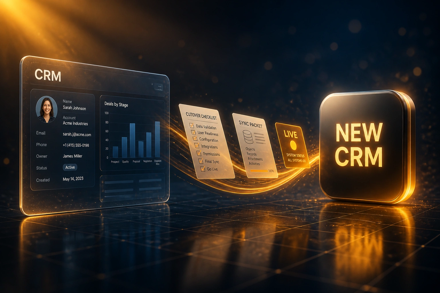 Glass CRM panel and a NEW CRM badge linked by cutover checklists and sync packets on an amber ribbon of light in a deep navy night-ops environment