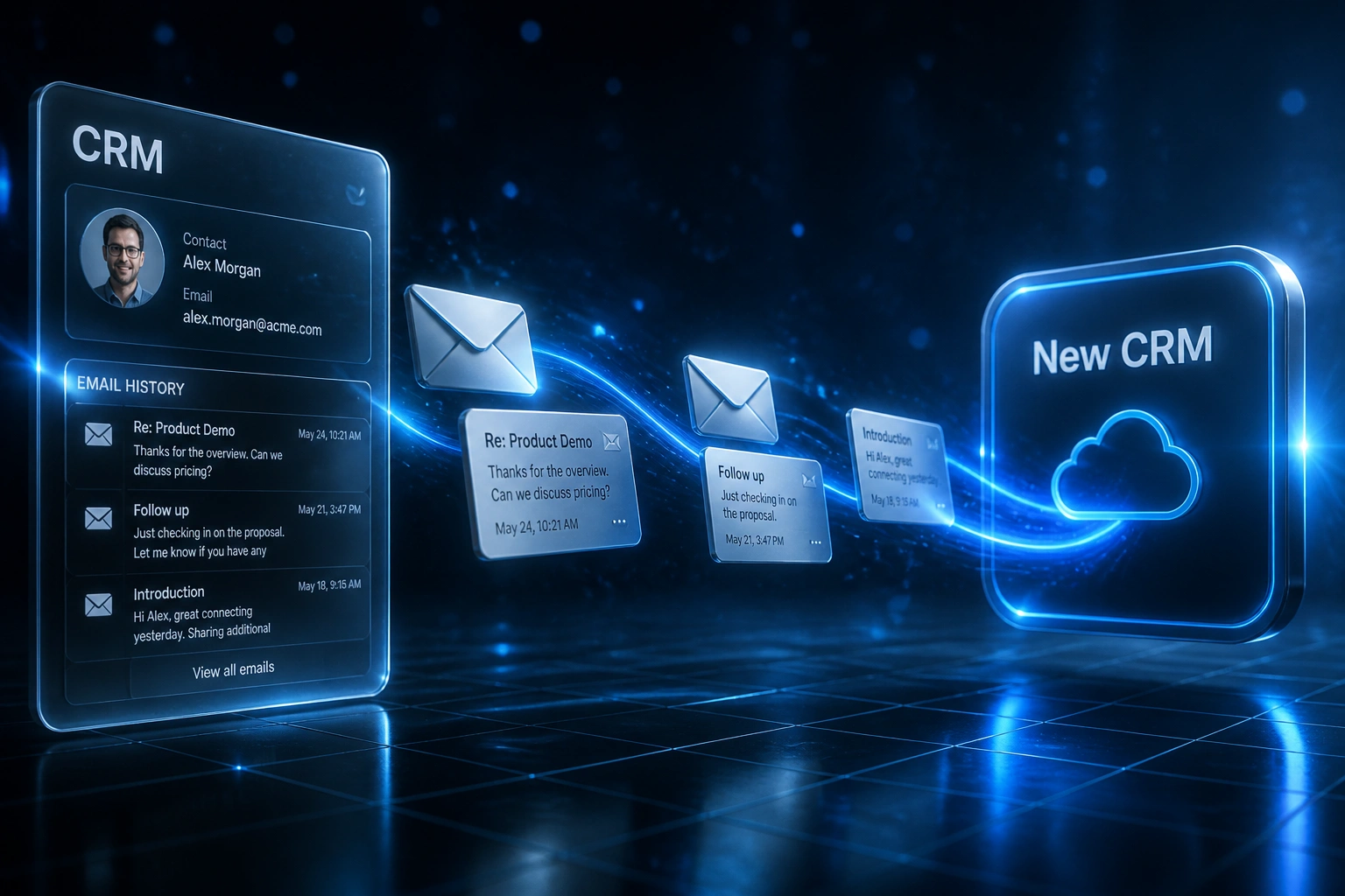 Glass CRM panel connected by an electric-blue ribbon of email envelopes and message cards to a New CRM badge on cool slate graphite
