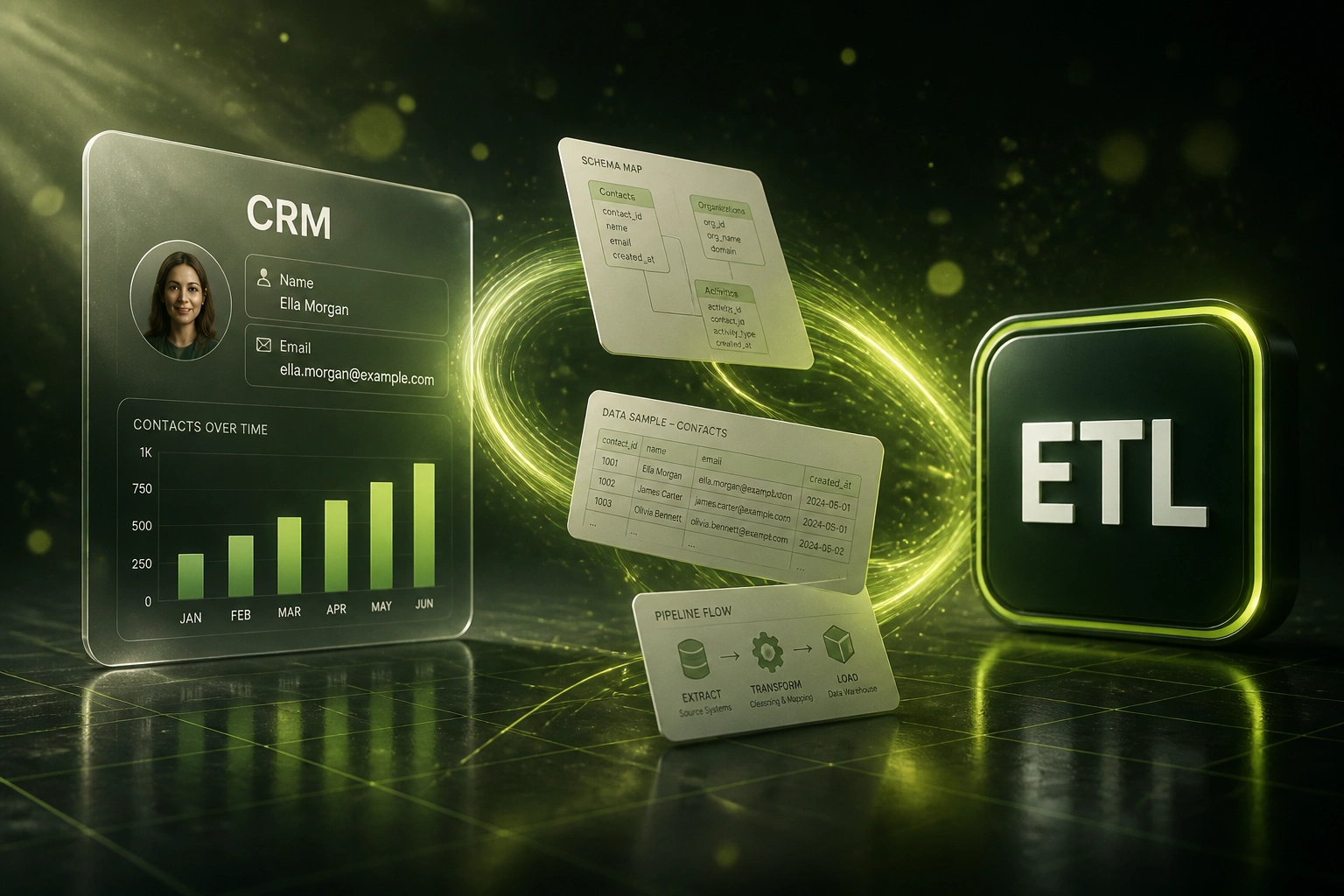 A glass CRM panel and a glossy ETL badge linked by a lime ribbon of schema maps, data rows, and pipeline cards across a charcoal-green reflective floor