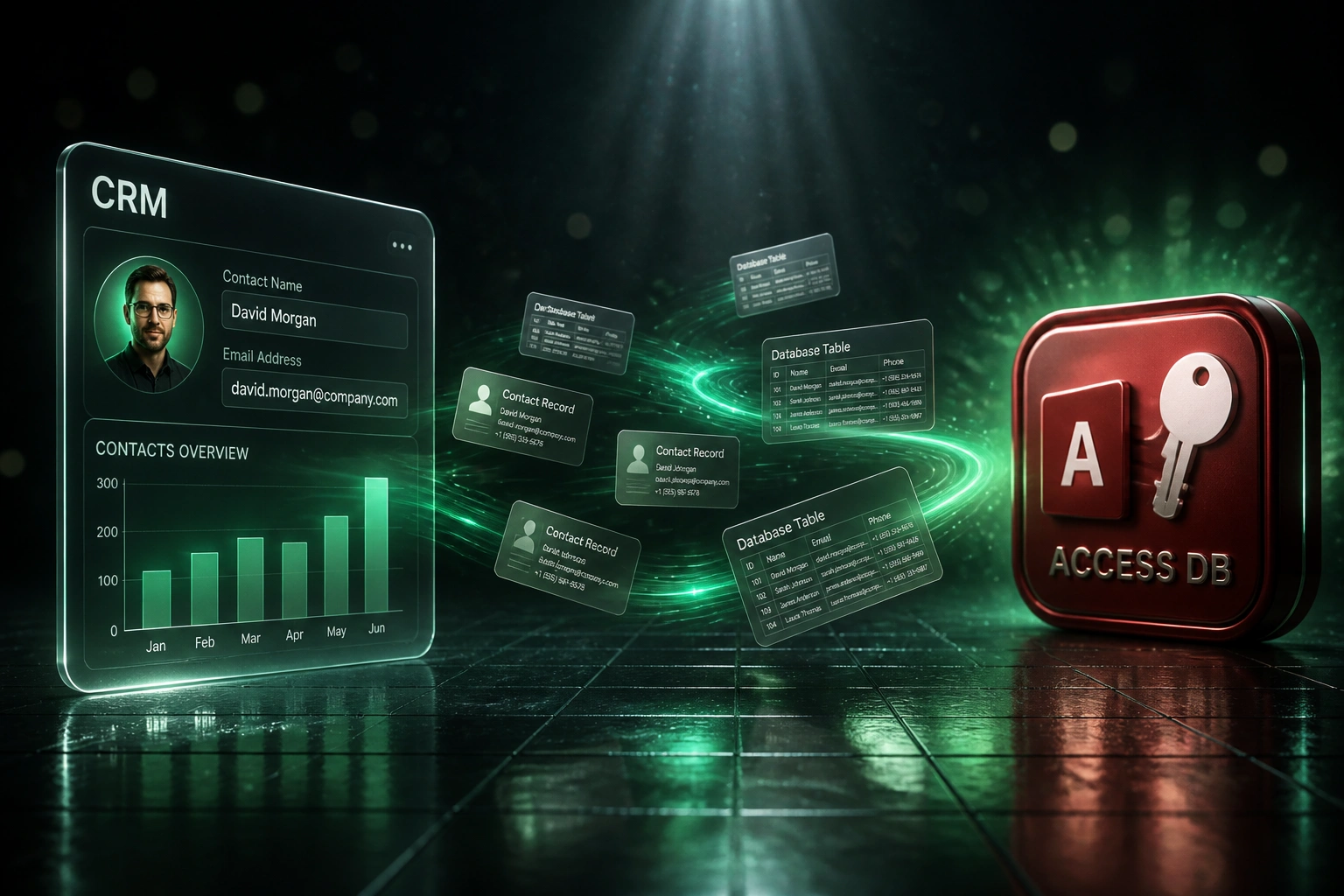 A glass CRM panel and a Microsoft Access DB badge linked by an emerald ribbon of contact records and database tables flying across a charcoal archive floor
