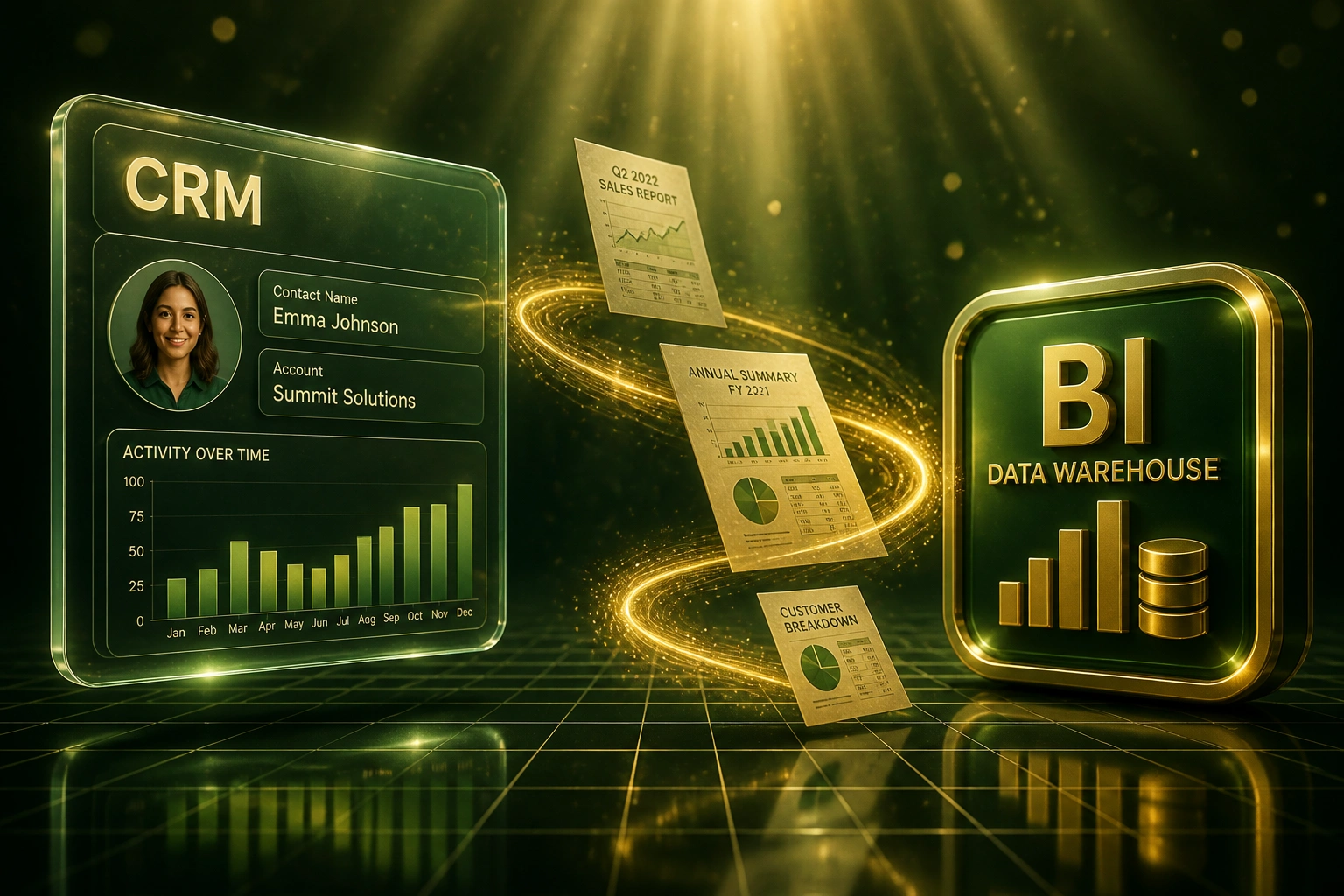 Glass CRM panel connected by a golden ribbon of historical report documents to a glossy BI data warehouse badge in a forest emerald void
