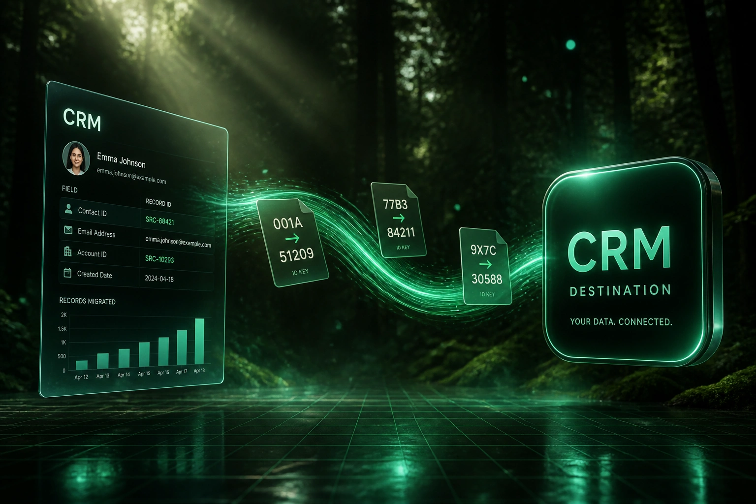 Glass CRM panel showing source record IDs connected by an emerald ribbon of old-to-new ID key cards to a destination CRM badge in a dark forest with moss haze