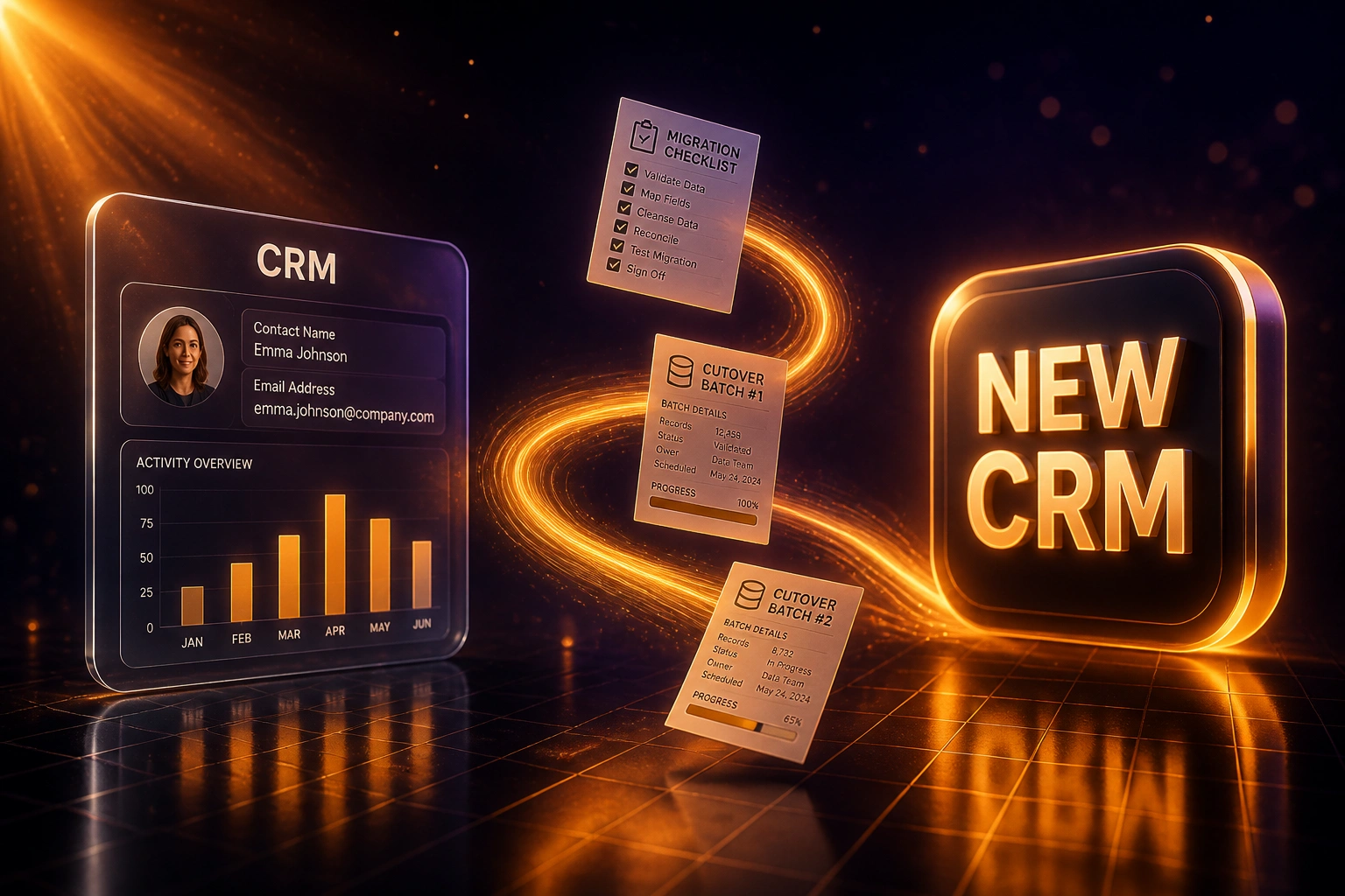 Glass CRM panel and a NEW CRM badge linked by migration batch documents on an amber ribbon of light in a deep indigo void