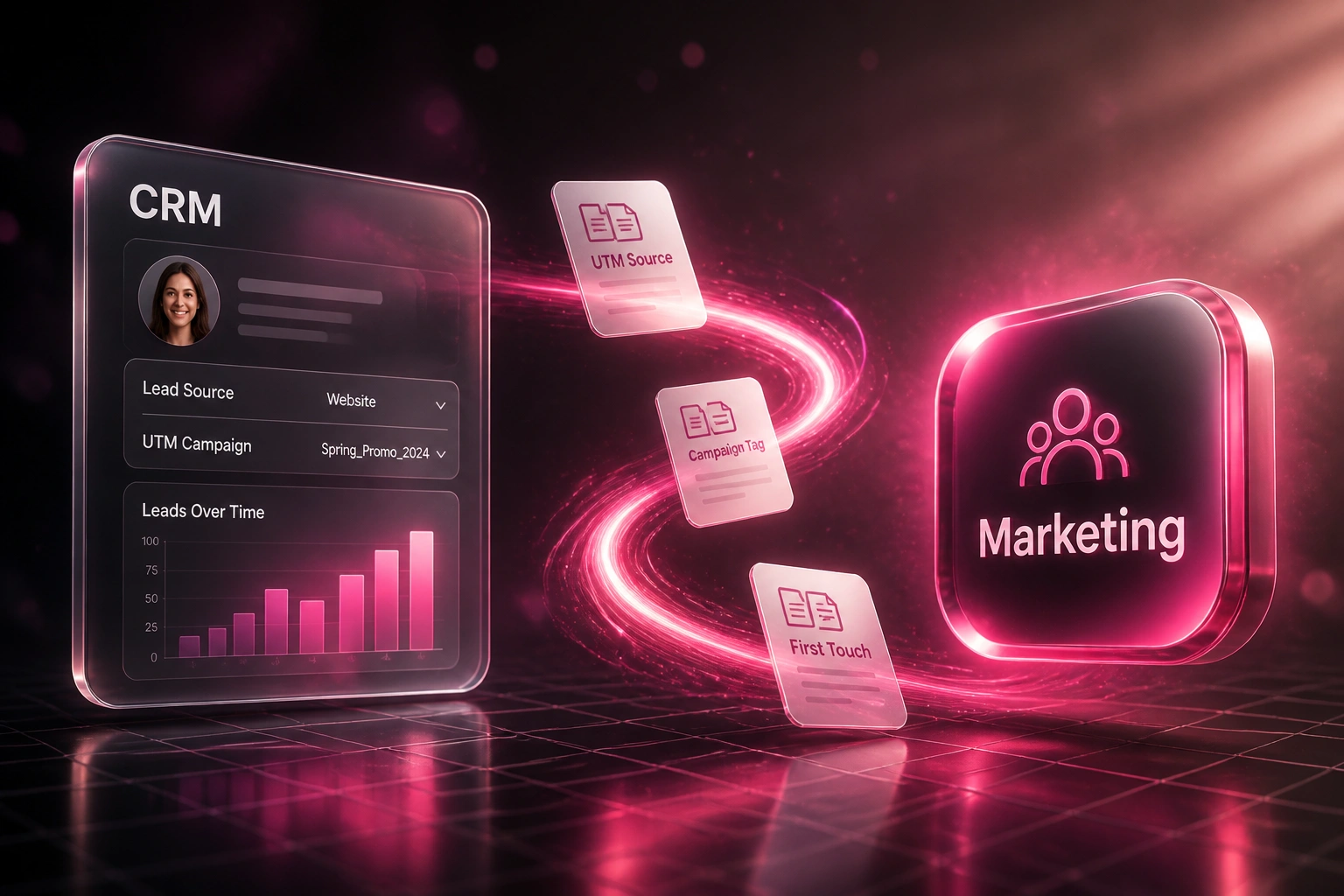 Glass CRM panel connected by a magenta ribbon of UTM and campaign-tag documents to a Marketing badge in a warm graphite rose-haze scene