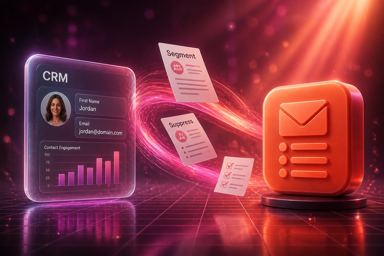 Glass CRM panel and a glossy HubSpot-orange marketing list badge linked by a magenta coral ribbon carrying Segment, Suppress, and checklist documents over a dark reflective grid