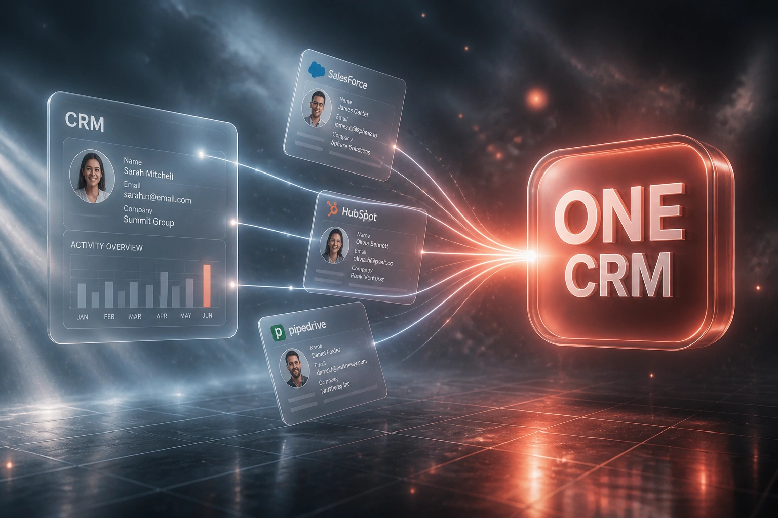 Glass CRM panel and contact cards from multiple systems merging via coral light ribbons into a ONE CRM badge, illustrating multi-CRM consolidation