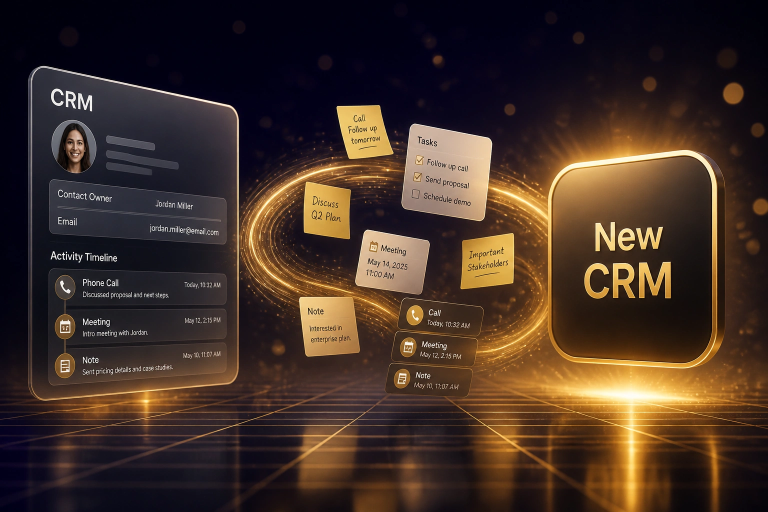 Glass CRM panel connected by a soft-gold ribbon of sticky notes, task cards, and activity chips to a New CRM badge on a warm midnight indigo floor
