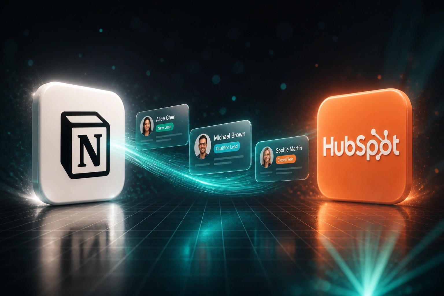 A Notion logo badge sends contact and deal cards along a teal ribbon of light into a HubSpot badge, illustrating a Notion to CRM migration on a charcoal slate floor