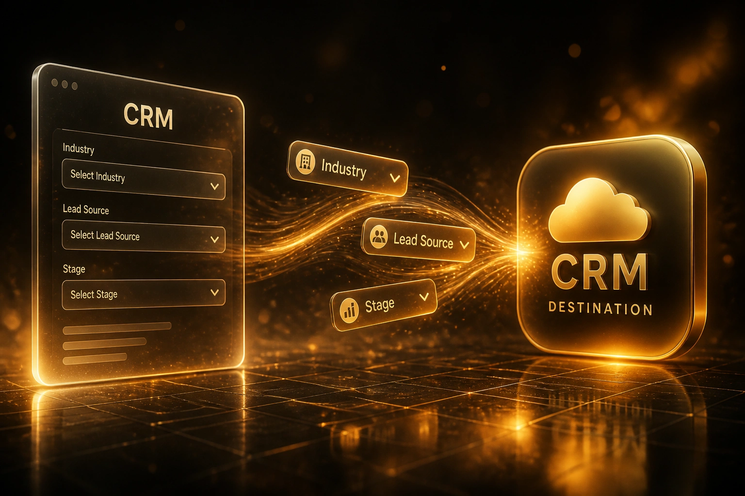 Glass CRM panel with Industry, Lead Source, and Stage dropdowns connected by an amber ribbon of picklist chips to a gold destination CRM badge