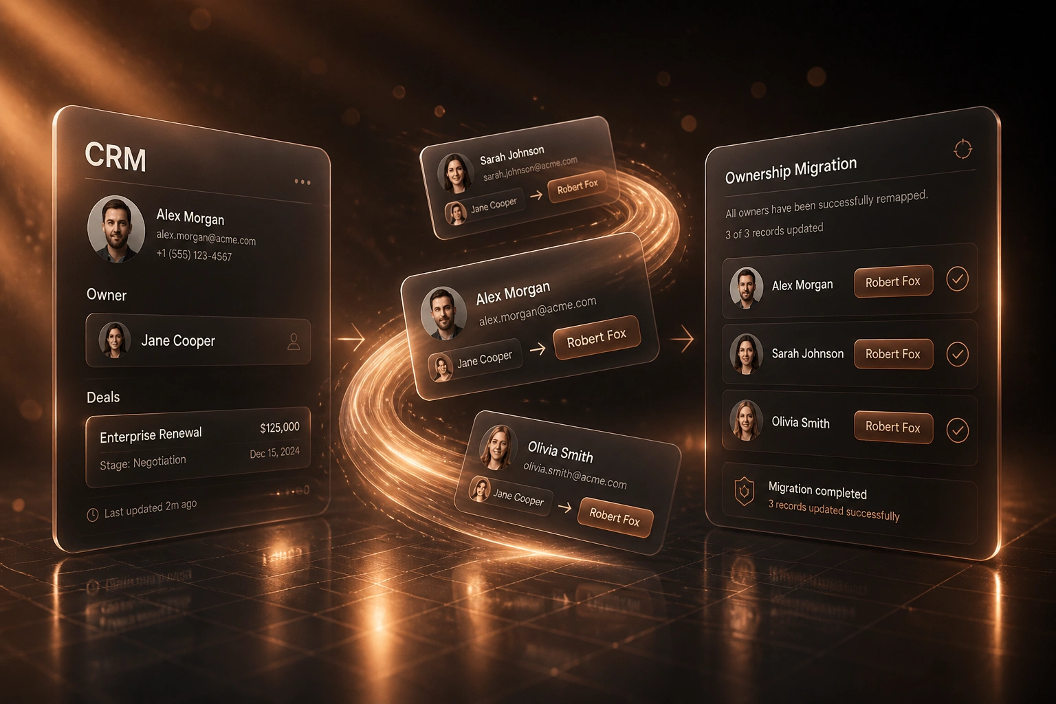 Glass CRM panels showing contact owners remapping along a copper ribbon of contact cards during CRM ownership migration