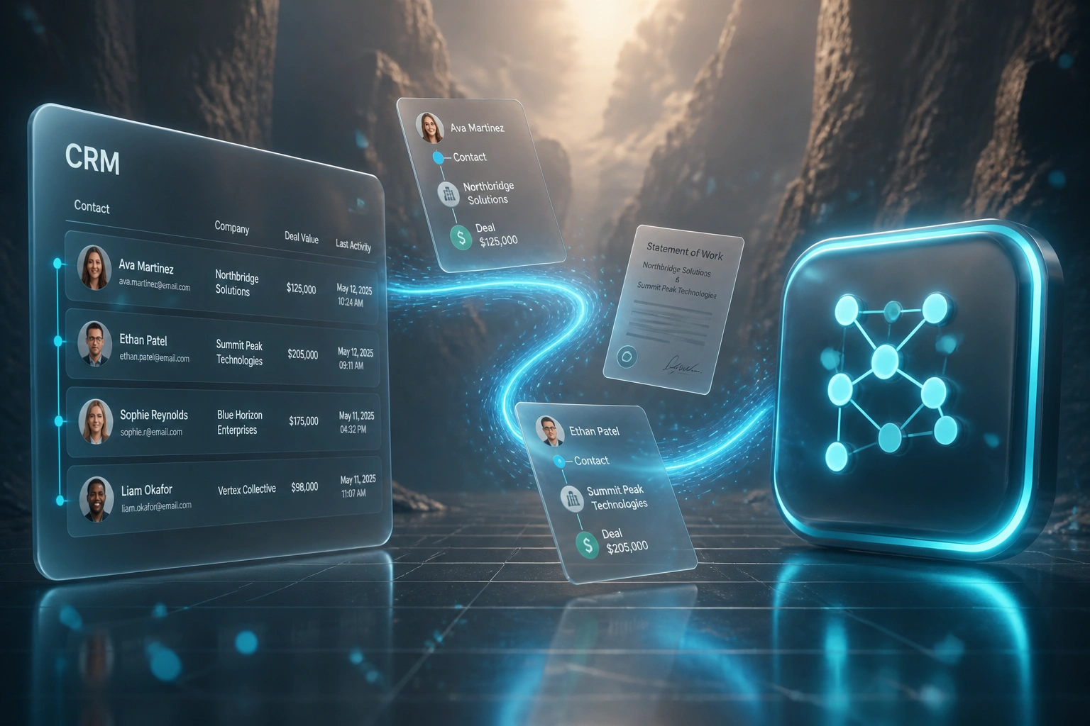 Glass CRM panel with linked contact, company and deal rows connected by an electric cyan ribbon to a relationship-graph badge in a warm slate canyon