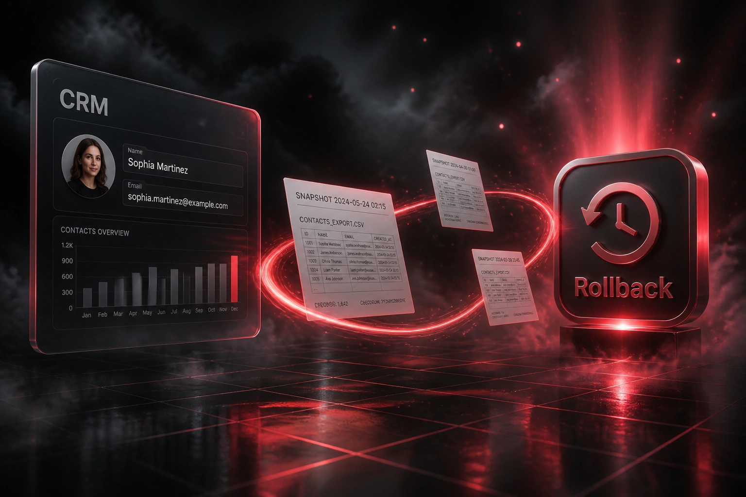Glass CRM panel and crimson Rollback badge linked by snapshot documents on a ribbon of light in a charcoal storm