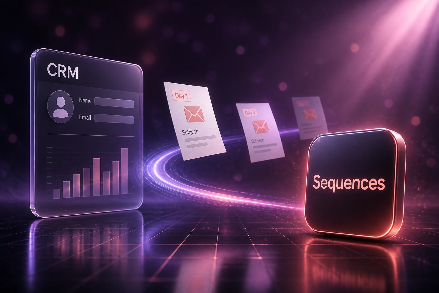 Glass CRM panel and a glossy Sequences badge linked by an S-curved violet ribbon carrying Day 1, Day 3, and Day 7 drip-campaign documents over a dark plum reflective grid