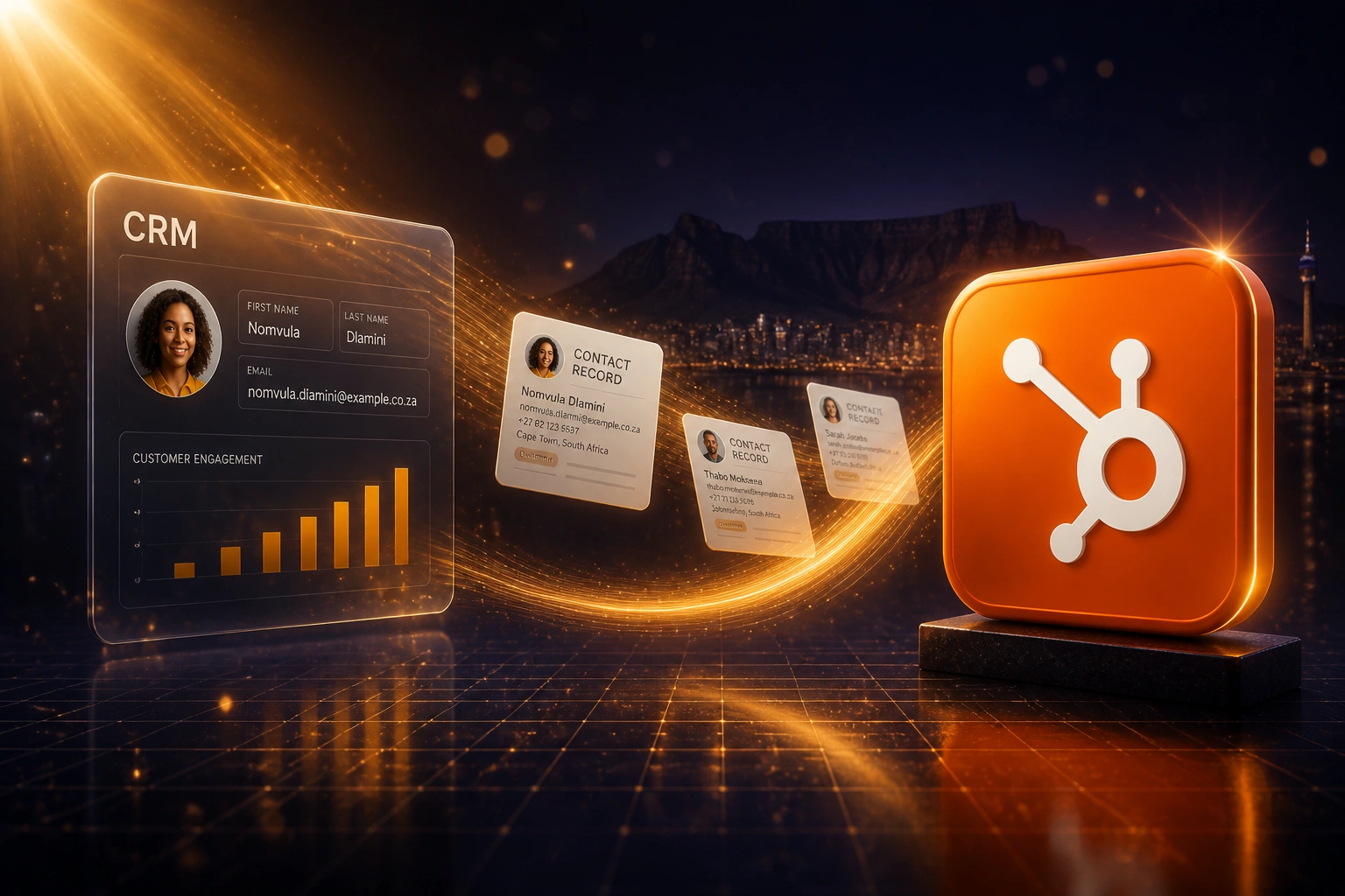 A glass CRM panel sends South African contact records along an amber ribbon of light into a HubSpot logo badge over a deep indigo Cape Town night skyline