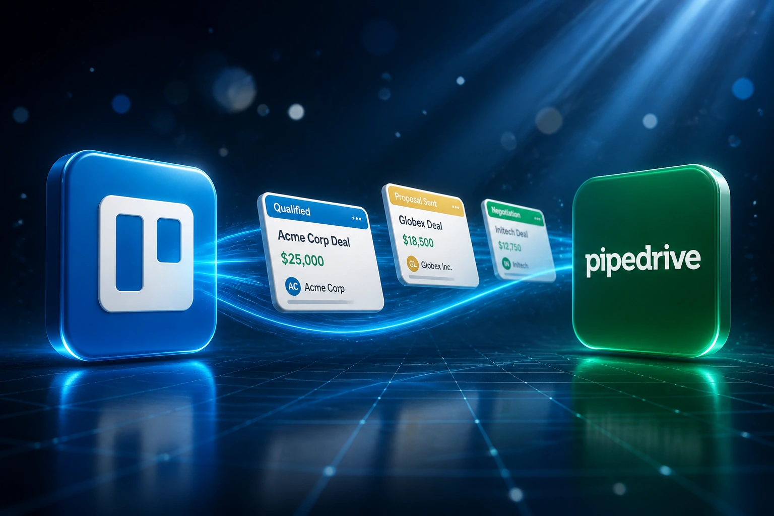 A glossy Trello logo badge sends Kanban deal cards along a blue ribbon of light into a Pipedrive CRM badge on a deep navy reflective floor