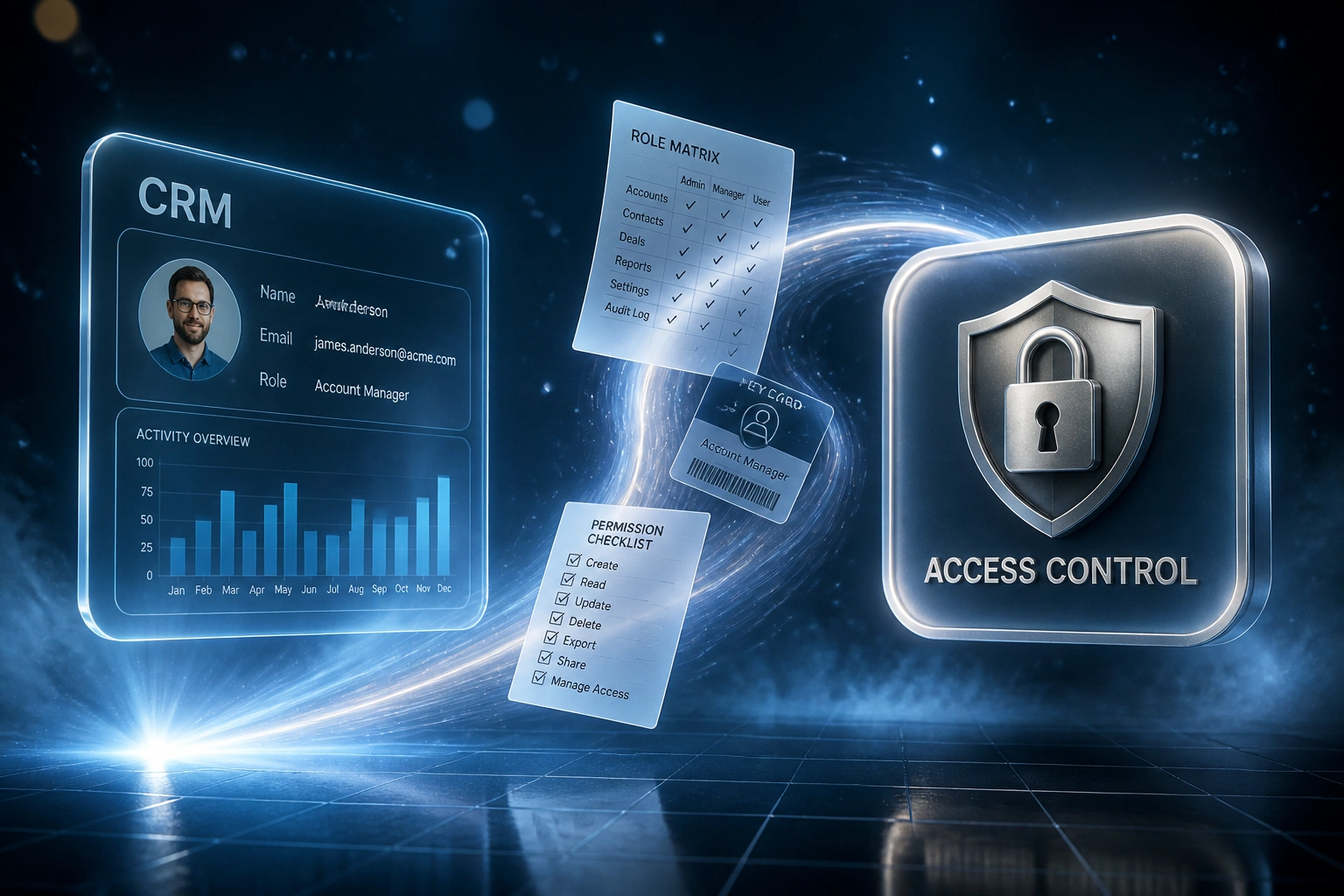 A glass CRM panel and a silver Access Control shield badge connected by role-matrix documents on an ice-blue ribbon in a midnight navy void