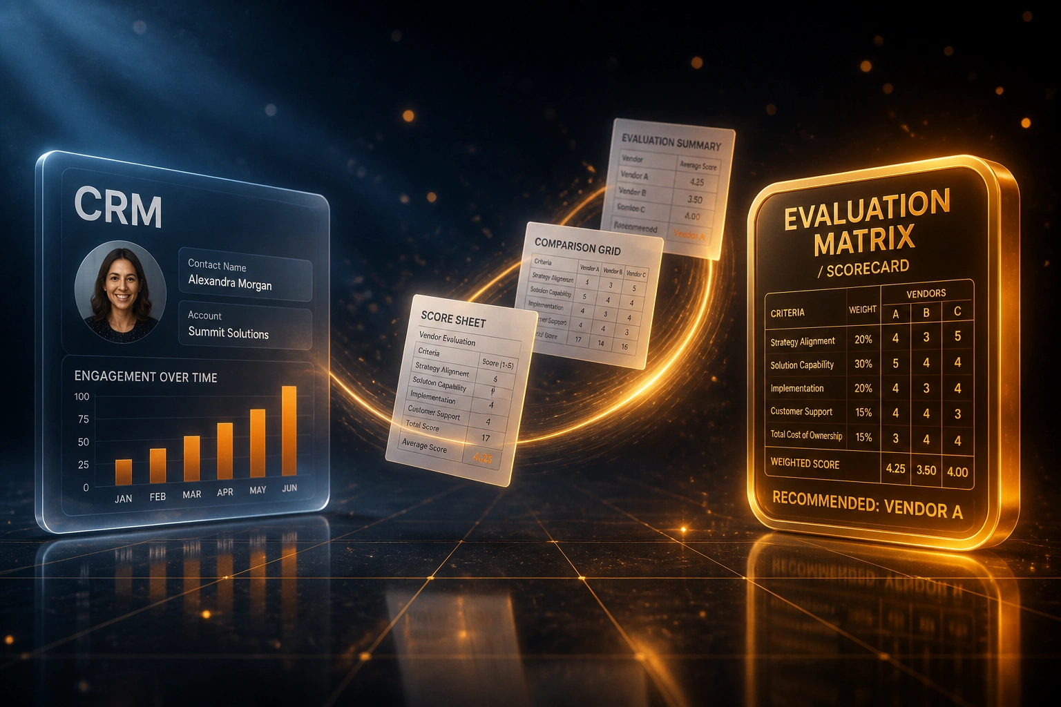 A glass CRM panel and an amber evaluation matrix scorecard connected by score sheets on a ribbon of light in a deep navy boardroom