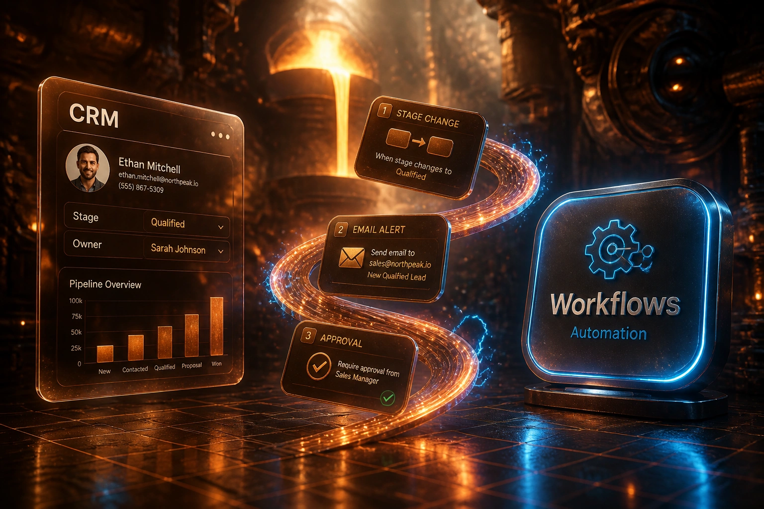 Glass CRM panel and a glossy Workflows Automation badge linked by an S-curved copper ribbon of workflow rule cards in a warm forge with electric blue sparks