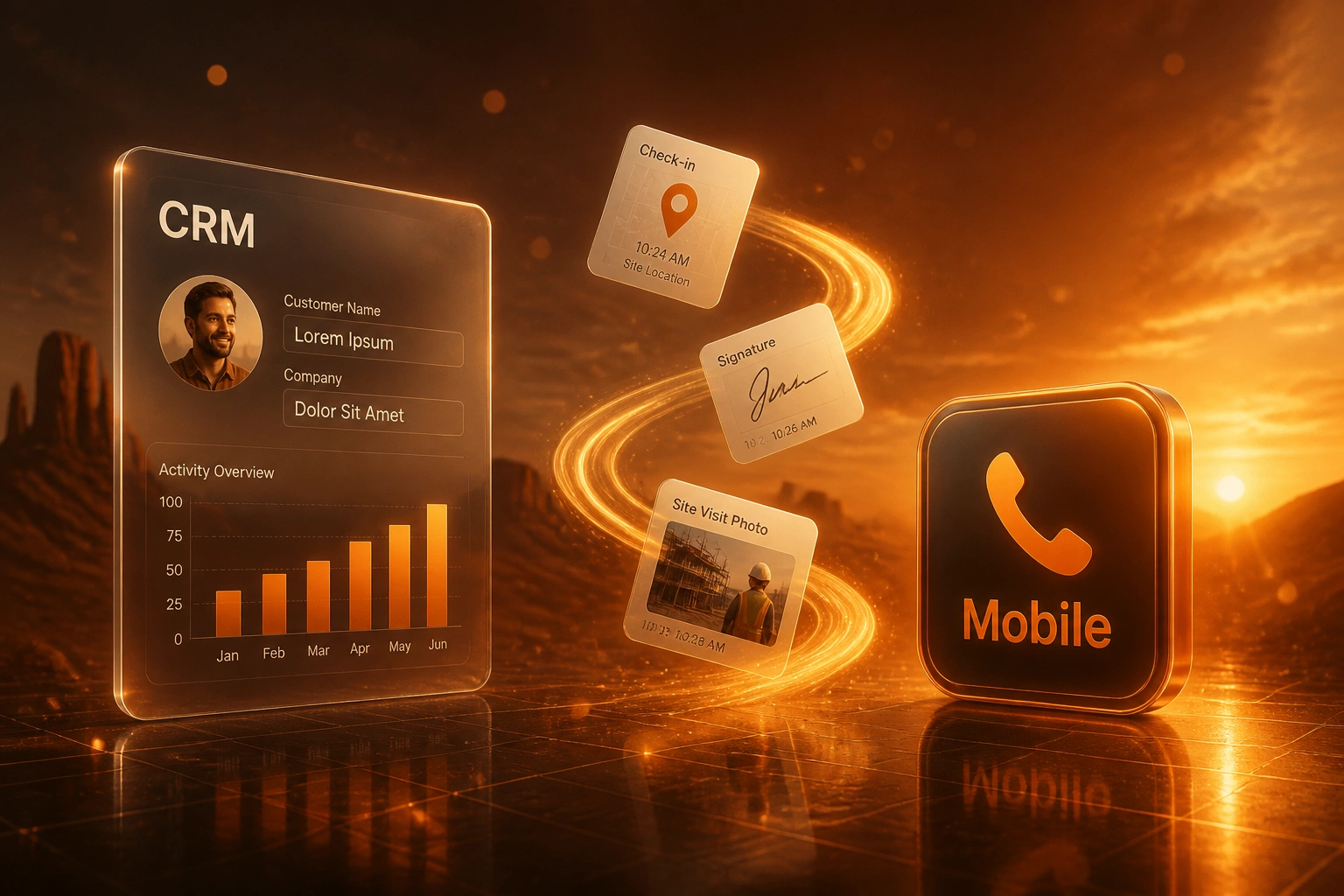 A glass CRM panel and a Mobile phone badge linked by visit, signature, and photo cards on a warm desert dusk backdrop