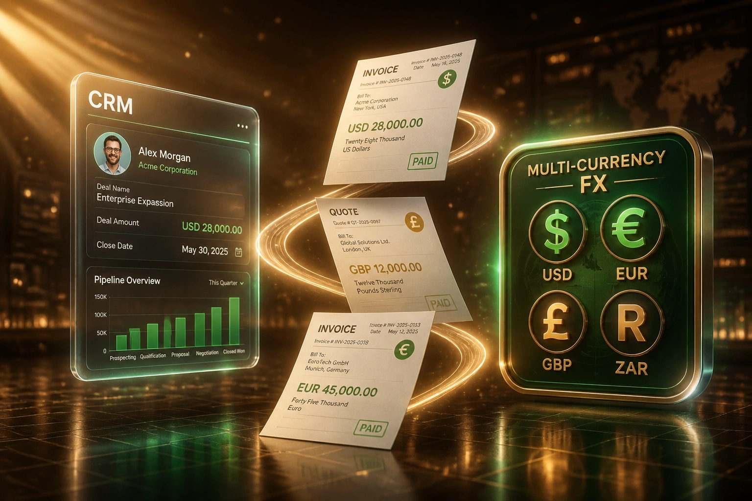 A glass CRM panel and a multi-currency FX seal connected by a ribbon of invoices in USD, EUR and GBP, illustrating multi-currency deal handling