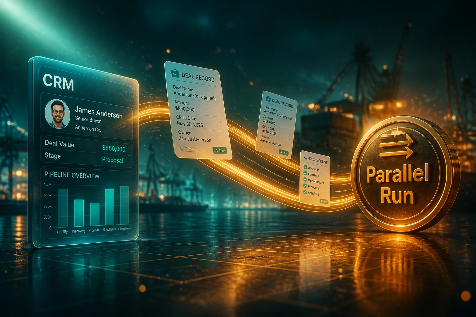 Glass CRM panel and amber Parallel Run badge linked by deal records and sync checklists on a ribbon of light in a deep teal harbour